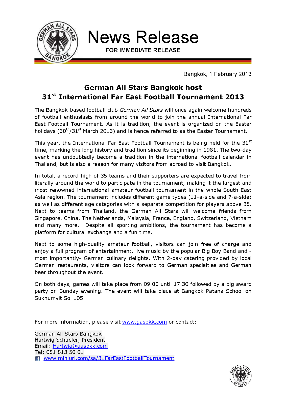 News Release - German All Stars Bangkok host 31st Far East Football Tournament 2013